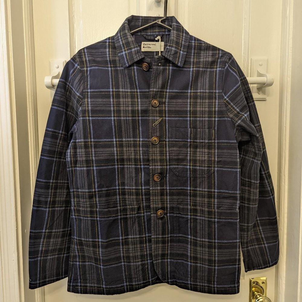 Universal Works: Bakers Chore Jacket in Navy Check Nebraska Cotton (Small)